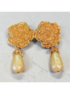 Avon Brushed Gold Tone Rose & Faux  Baroque Pearl Drop Earrings 2.25"x1" Elegant